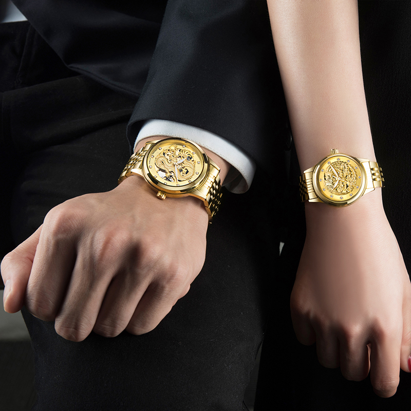 TEVISE Luminous Mechanical Watch Automatic Dragon themed Watch Mens Business Stainless Steel Strap Watch Wristwatch Couple Watch for men and women T04