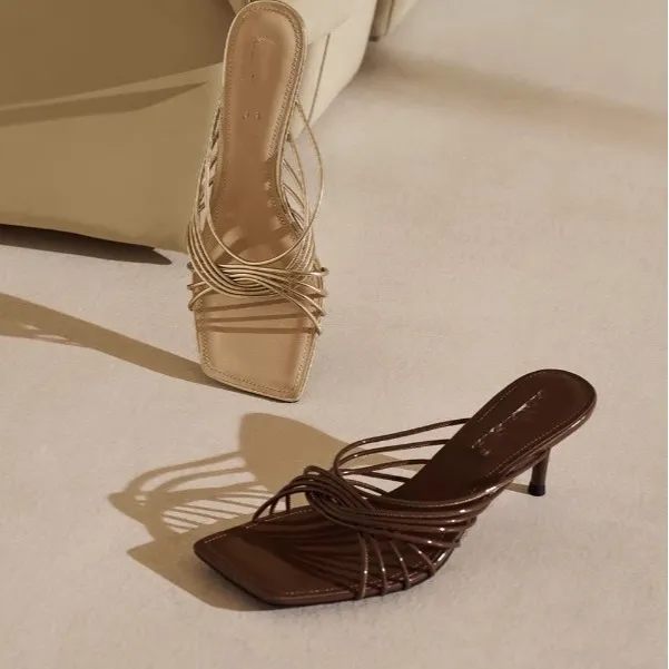 Ladies' Elegant High Heel Slip-On Mules with Cutouts - Fashionable Strappy Designer Footwear