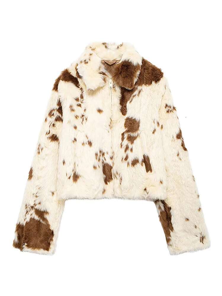 Faux Fur Contrast Women Coat 2024 Lapel Zipper Long Sleeve Female Coats Vintage Autumn Winter Pocket Thicken Warm Lady Outwear