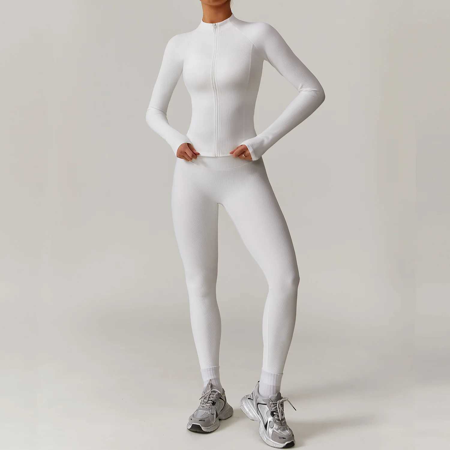 2PCS Women Yoga Set Workout Tracksuits Sportswear Gym Clothing Fitness Long Sleeve Jacket High Waist Leggings Ribbed Sports SuitXJ250109