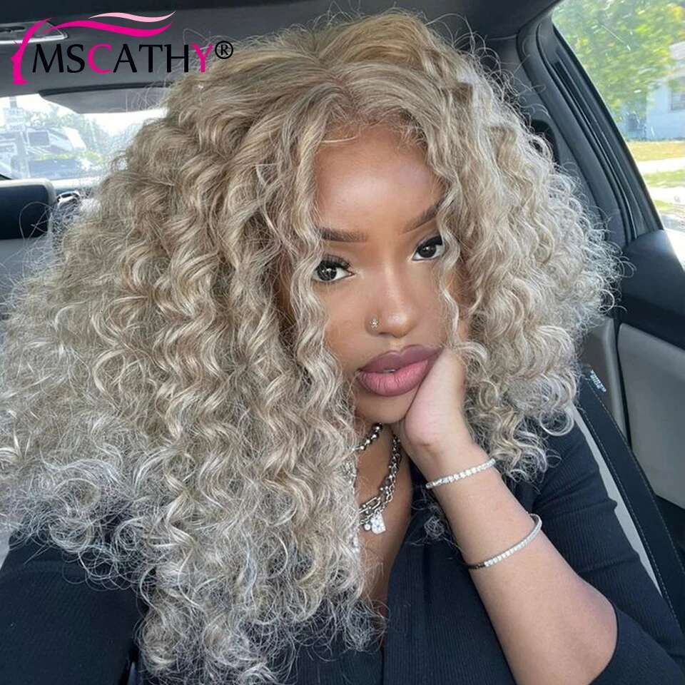 250% Glueless Ash Blonde Colored Human Hair For Women 13x4 13x6 Afro Kinky Curly Transparent Lace Frontal Wigs