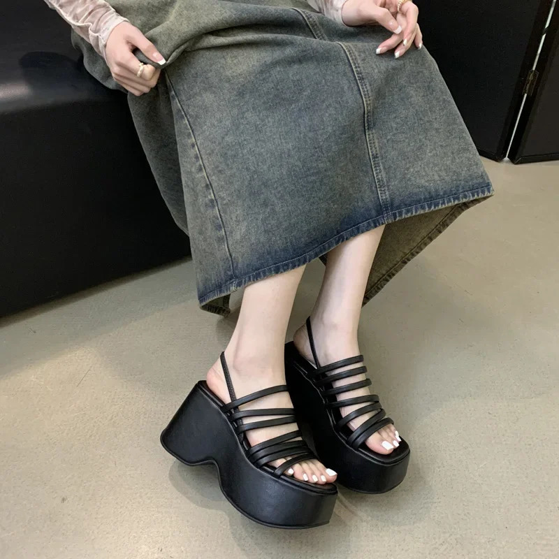 Silver Wedge Sandals Women Platform Shoes Black Belt High Heels Gladiator Chunky Heeled Summer Wedges Zapatos De Mujer 250109