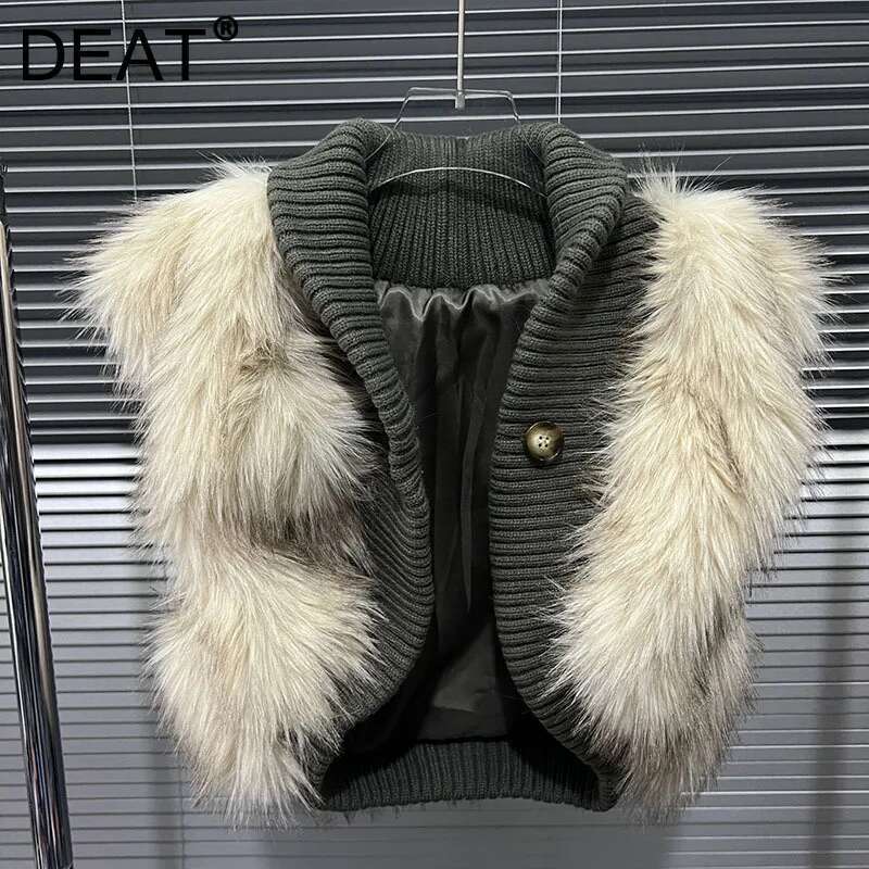 DEAT 2024 Winter New Items Fashion Fur Patchwork Waistcoat For Women Casual Contrast Color Vests Female Trend 33A2401