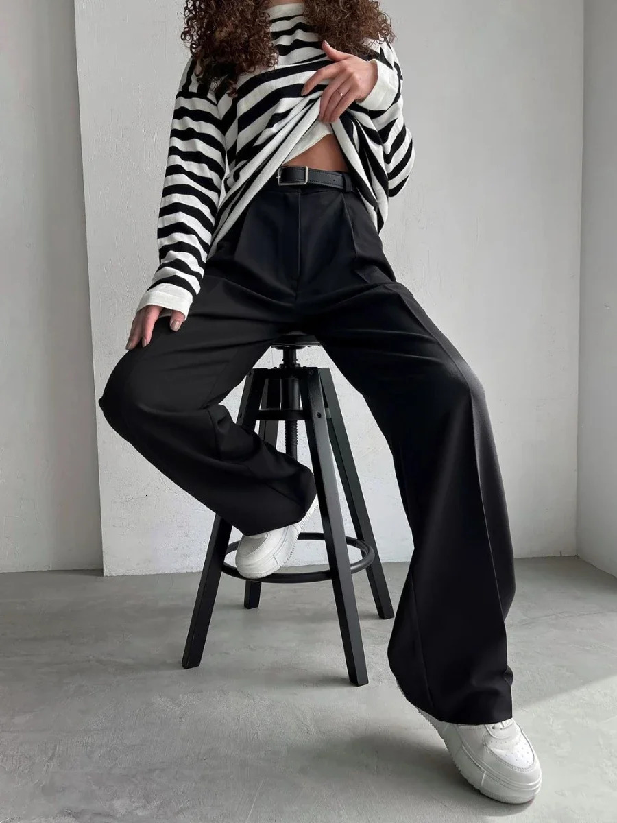 Bornladies Autumn Office Ladies Trousers Women High Waist Pants Pockets Female Summer Pleated Wide Leg Solid OL 250108