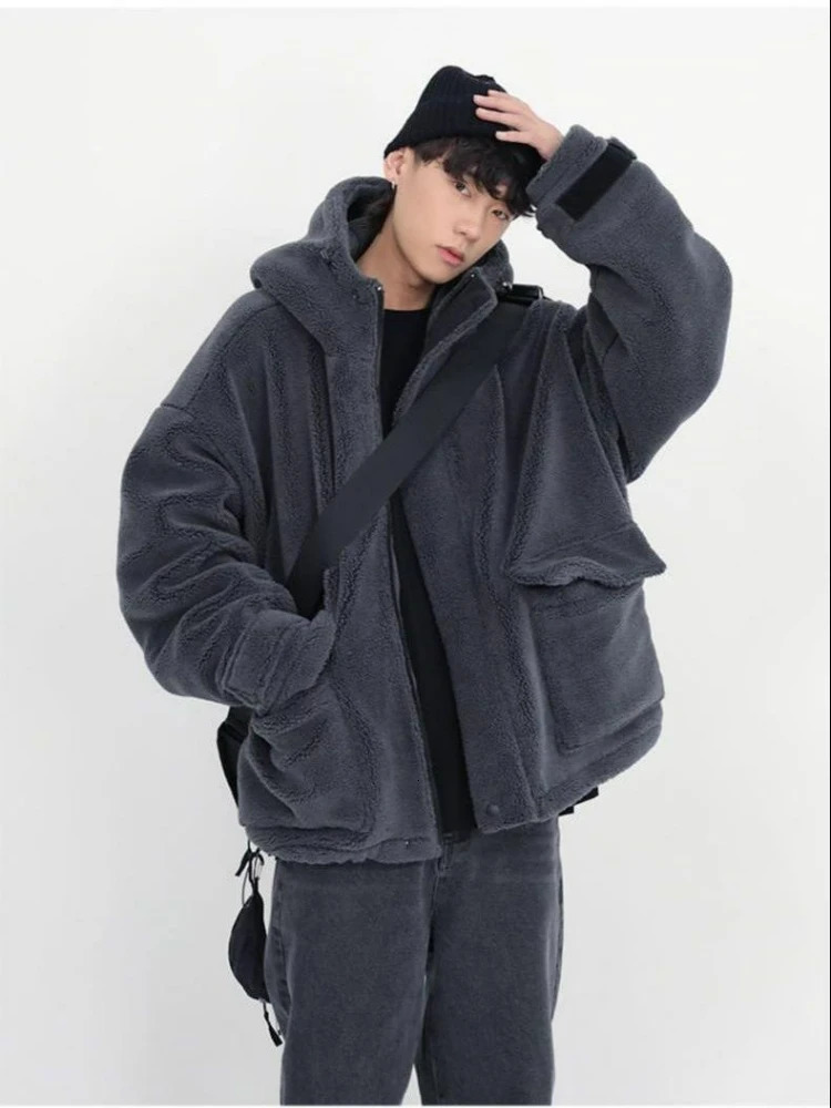 Gmiixder Winter Fur Coat Oversize Cashmere Mens Zipper Up Dark Gray Unisex Hip Hop Hooded Plush Padded Jacket 250107