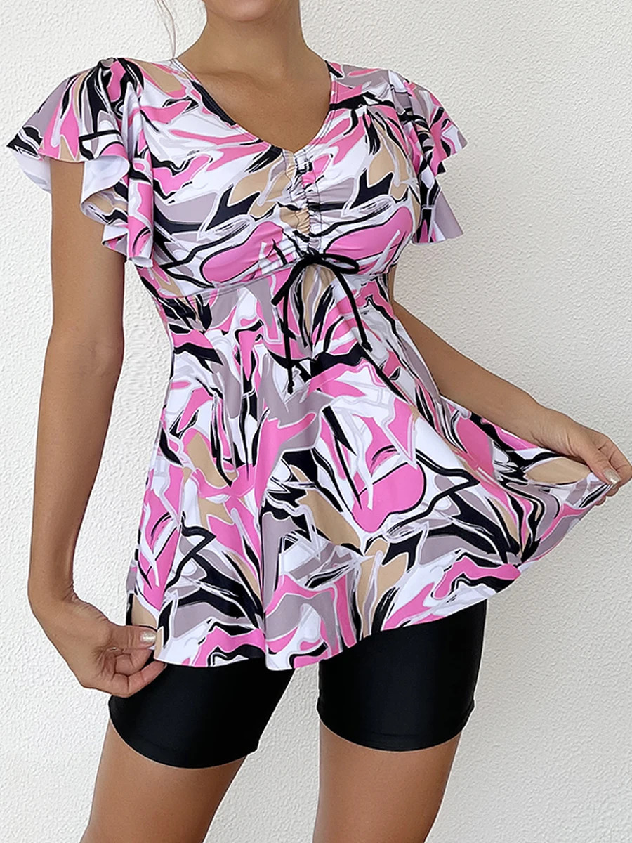 Two Piece Swimsuit Women Printed Tankini Set Tie Front Drawstring Swimwear Female Bathing Swimming Suit Beachwear Summer 250108