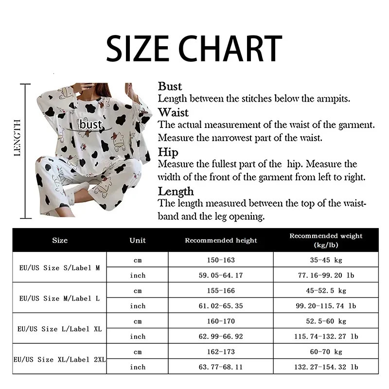 Spring Sleepwear Sets Set Pajama Cow Cartoon Long Sleeve Print Cute Women Twopieces Underwear 250106
