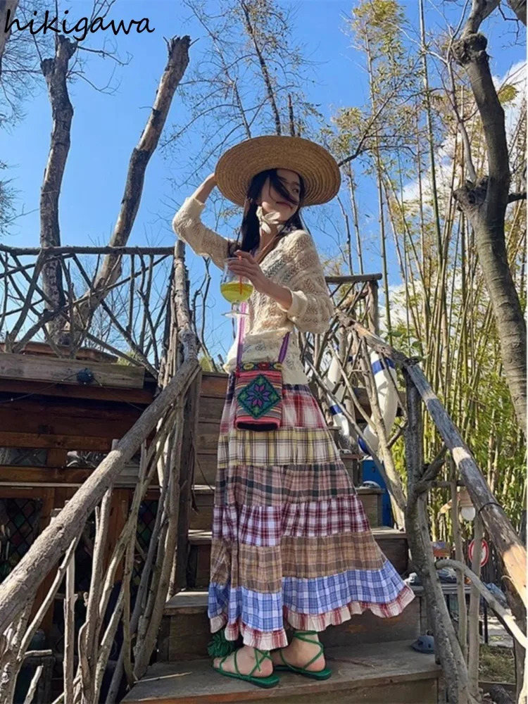 Colorful Plaid Printed Patchwork Skirt for Women Faldas Mujer De Moda High Waist Aline Print Jupe Loose Sweet Long Skirts 250106