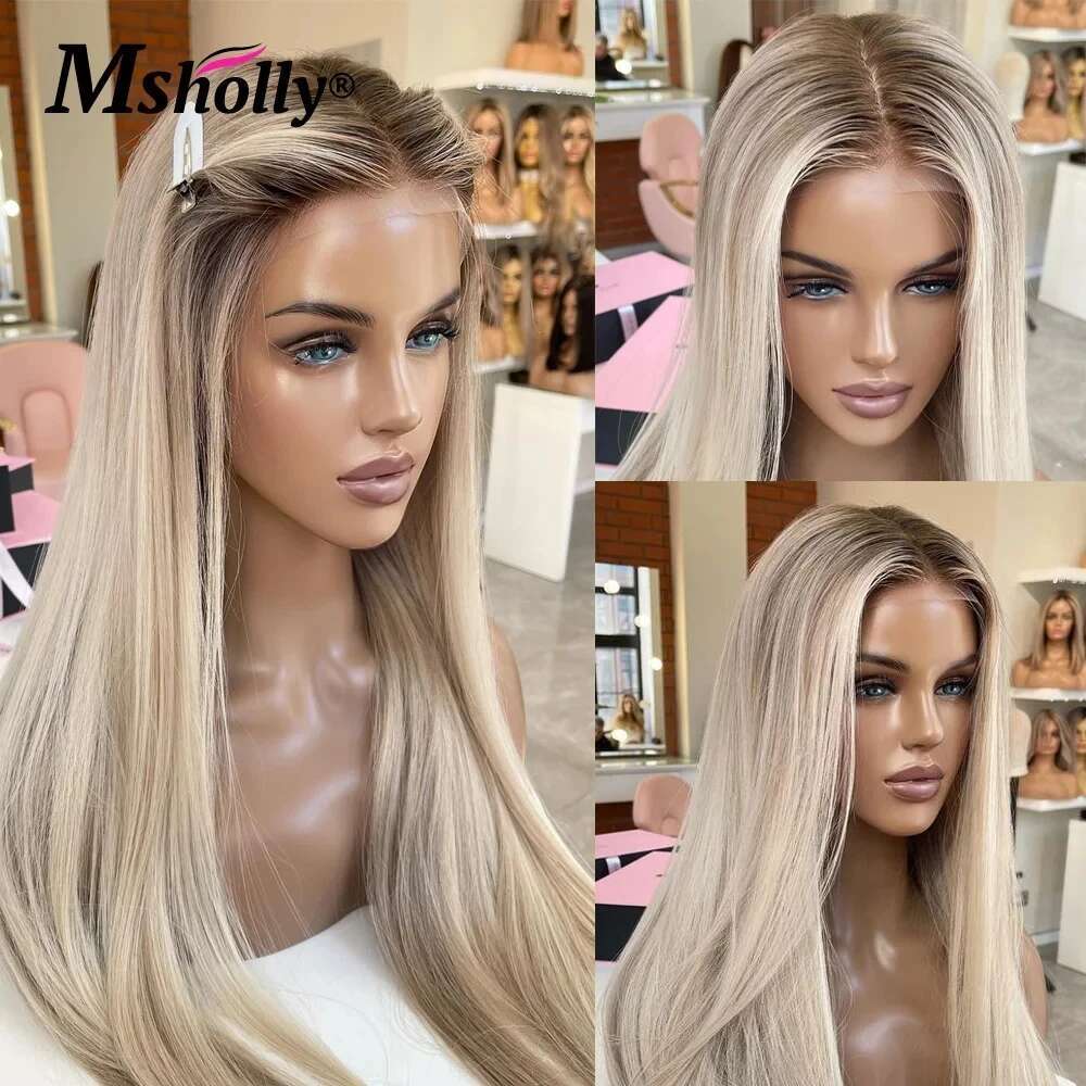 Ombre Ash Transparent Straight 13x4 Lace Front Wigs For Women Preplucked Blonde Remy Human Hair Wig