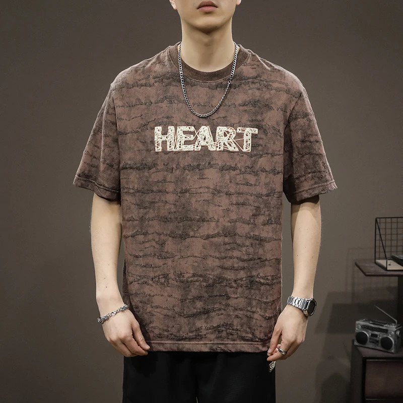 Summer Round Neck Heavyweight Tshirt Mens American Retro distressed Washed Cotton Fashion Trend Letter y Top 250106