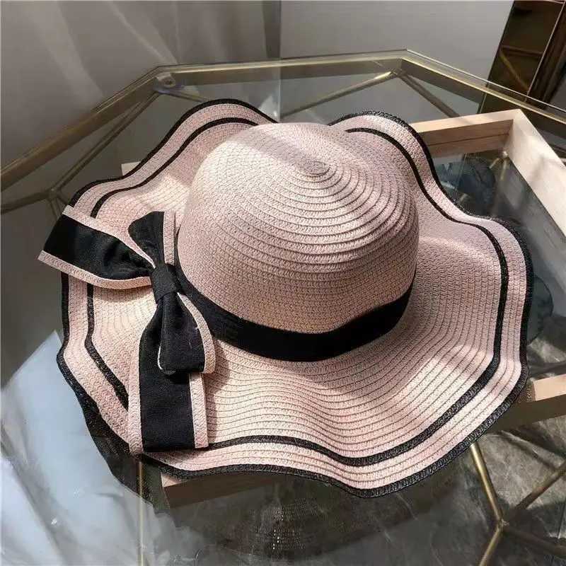 Big Brim Wave Black Edge Bow Solid Bucket Hat Straw Hat Warm Girl Beach Hat Seaside Sunshade Hat Travel Holiday Sun Hat X250109