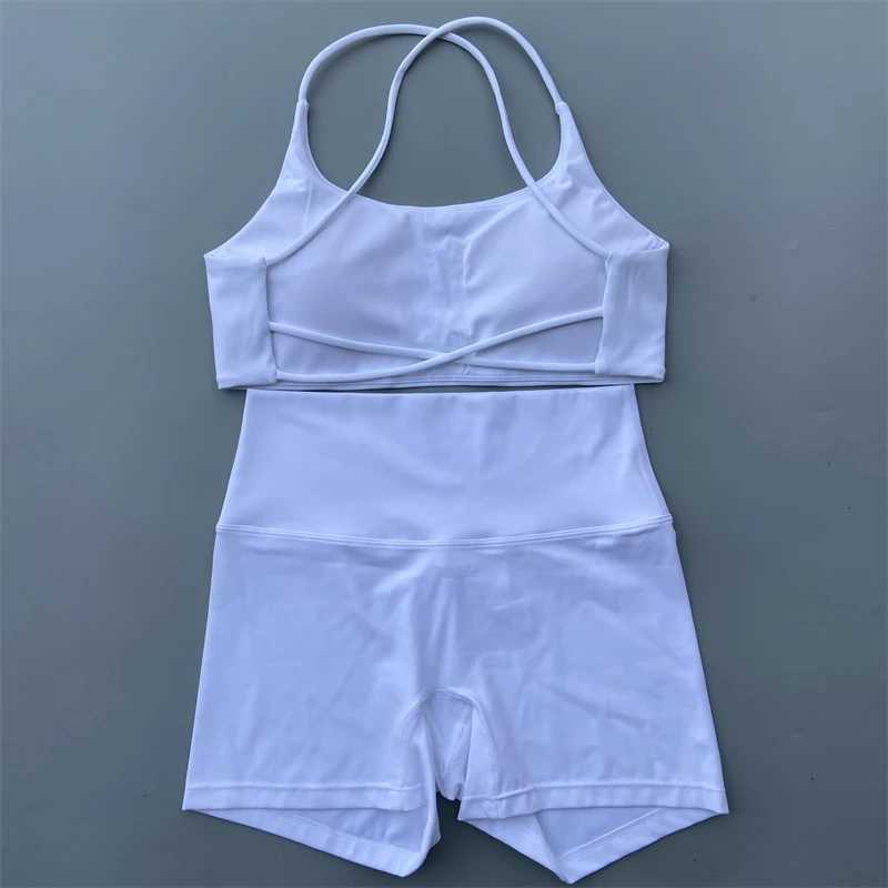 Yoga Shorts Set Gym Two Piece Sports Set Women Workout Outfit Fitness Suit Cross Straps Bra High Waist Shorts Running TracksuitXJ250109