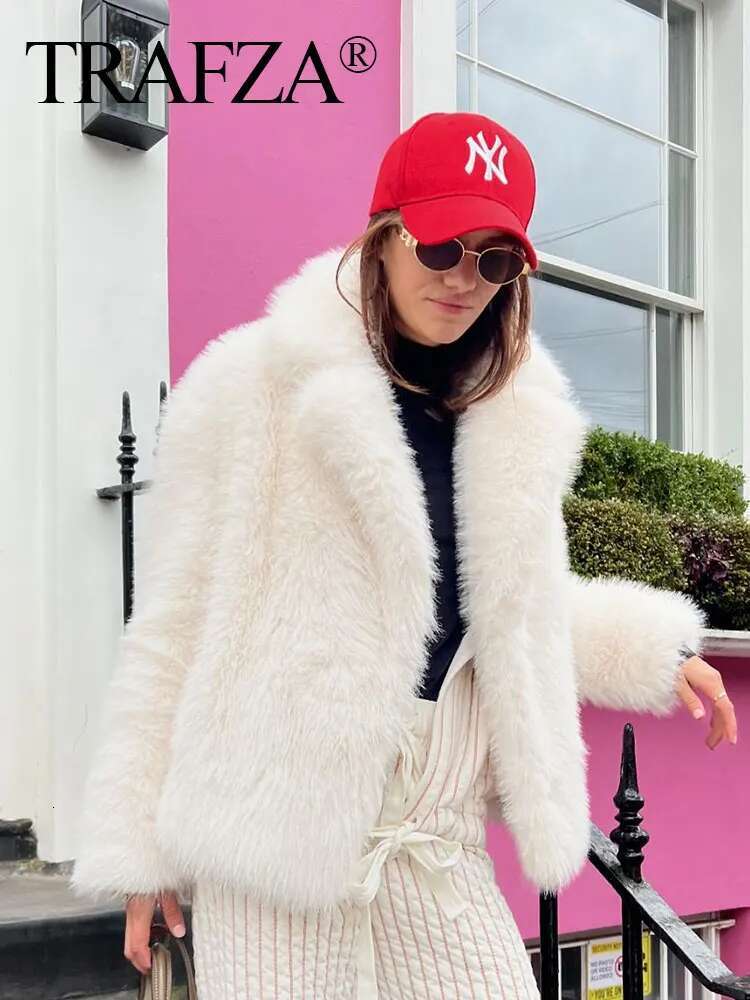 TRAFZA Female Elegant Solid 3-Color Faux Fur Effect Long Sleeve Cardigan Winter Women's High Street Pockets Coat Mujer
