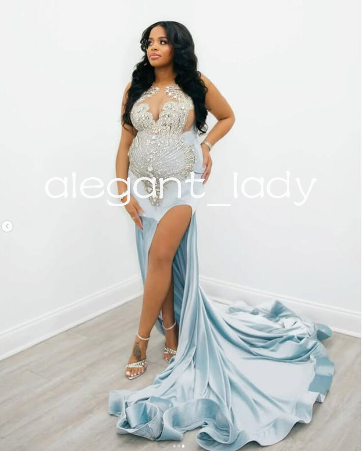 Sky Blue Sparkly Mermaid Evening Cocktail Dresses Customsized Luxury Diamond Sexy Slit Prom Birthday Gala Gown Outfit
