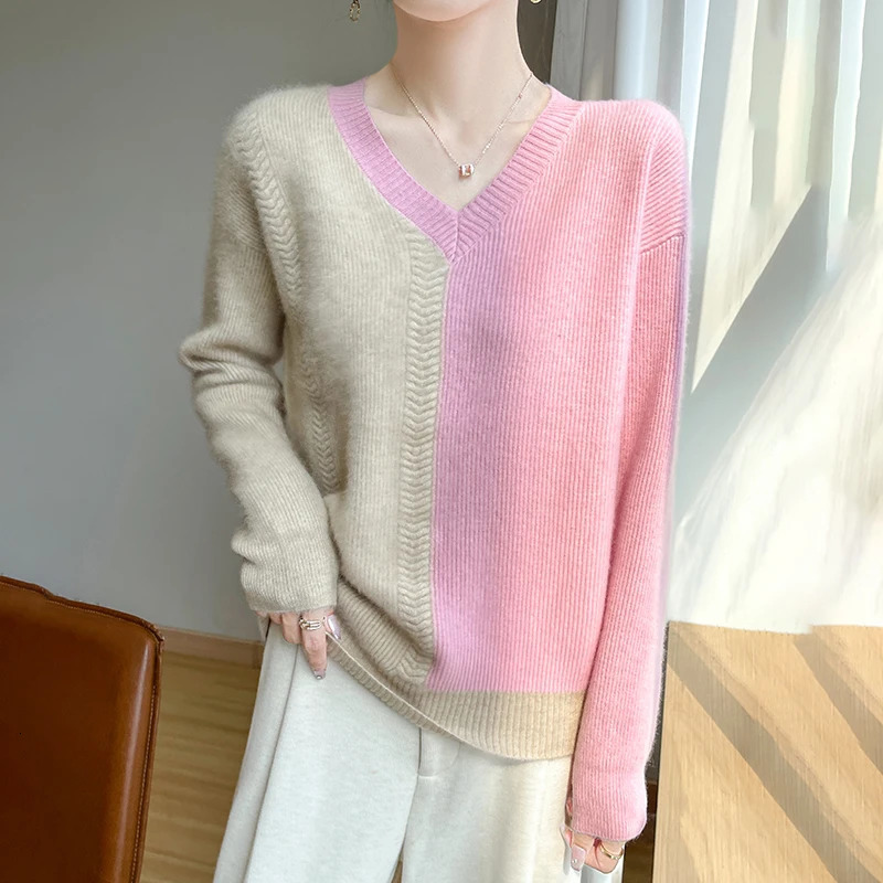 Autumn and Winter Womens Vneck ColorBlock Sweater Comfortable Warm 100% Pure Wool Loose Pullover Top 250108