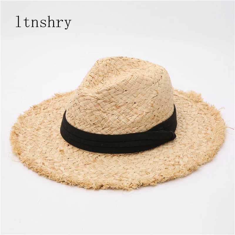 2021 New Raffia Hat Panama Straw Hat Summer Black Ribbon Wenmen Wide Brim Beach Sun Hat UV Protective Jazz Fe Hat X250109