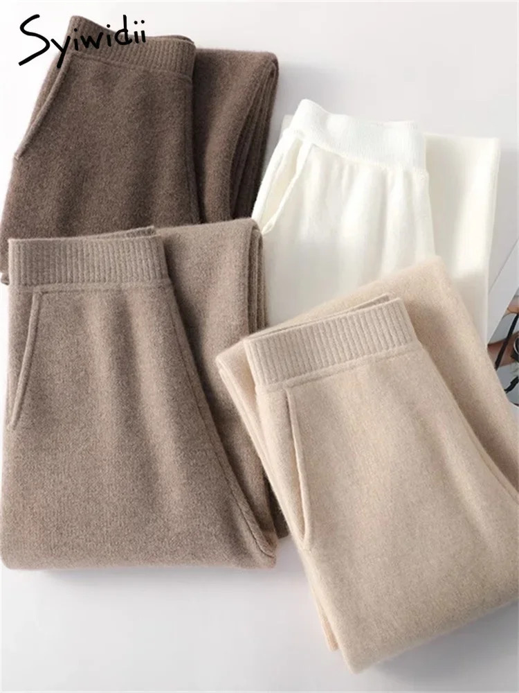 Syiwidii Knitted Women Pants Fall Winter Korean Fashion High Waist Wool Wide Leg Sweatpants Casual Straight Loose Trousers 250108
