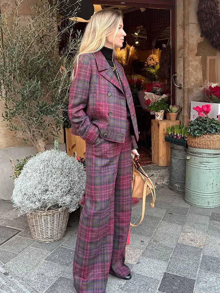 Women Vintage Plaid 2 Piece Suit Lapel Double Breasted Full Sleeves Blazer Set Wide Leg Pants High Street Outfits 250106