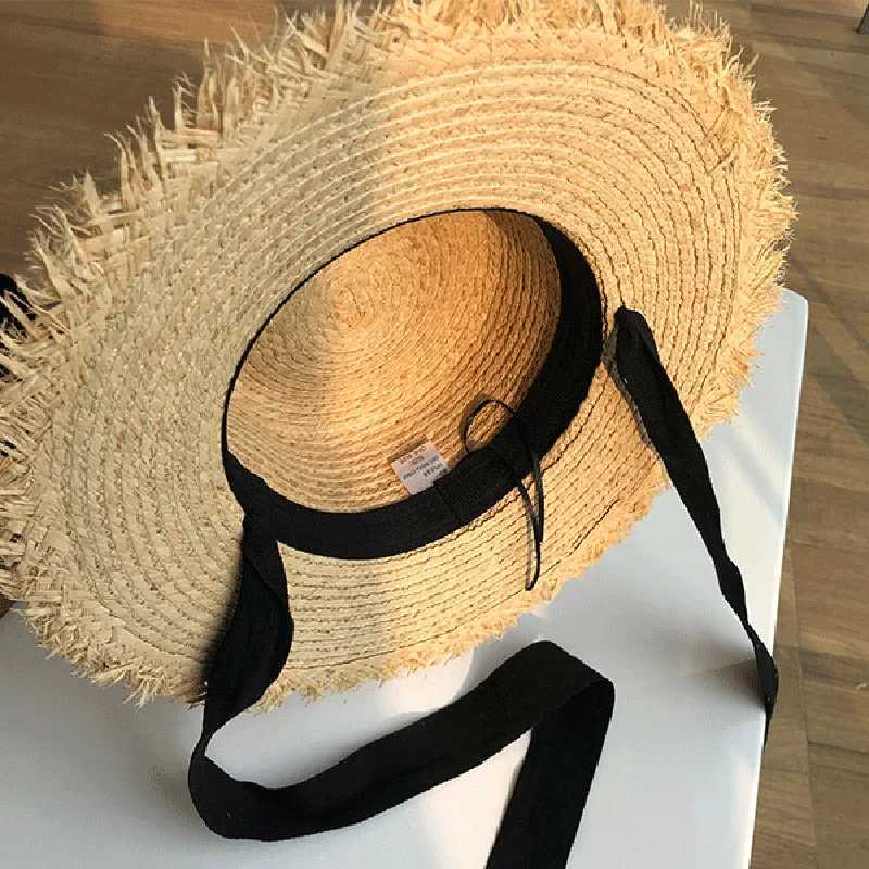 Straw Hat Wide Brown Sunscreen Beach Hat Black and White Ribbon Bow Straw Hat Casual Ladies Flat Top Panama Hat X250109