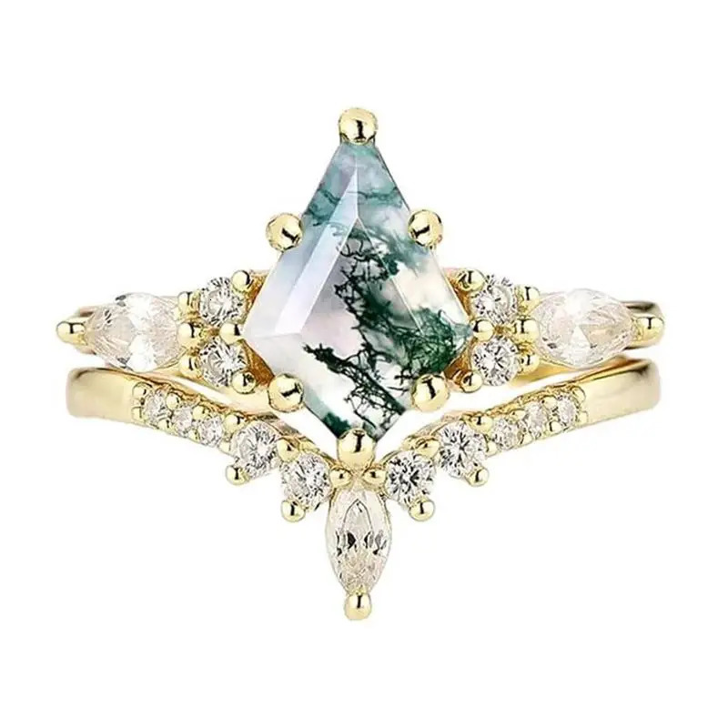 jewelry natural green moss stone agate high quality womens twopiece wedding ring set 250109