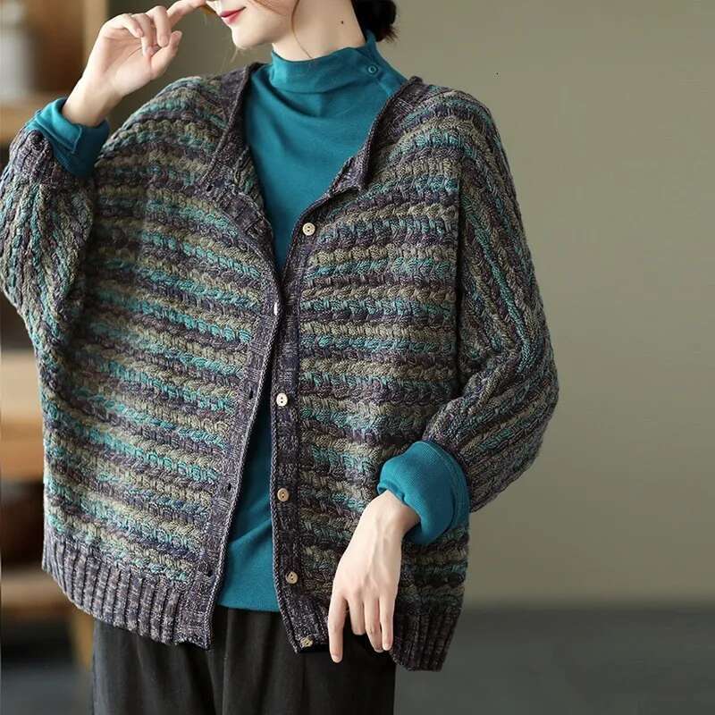 Johnature Women Vintage Striped Cardigan O-Neck Bat Sleeve Loose Autumn Coats 2024 New Cotton Knitted Sweaters