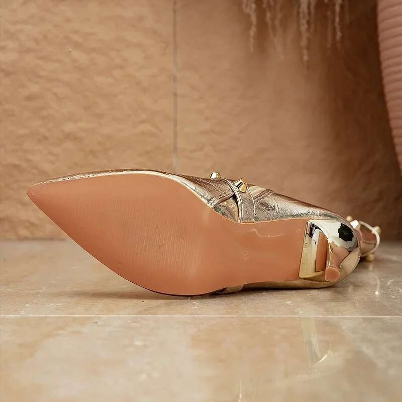 Eilyken Gold Sier Belt Buckle Rivet Pointed Toe Women Knee-High Boots Designer Thin High Heels Banquet Prom Shoes