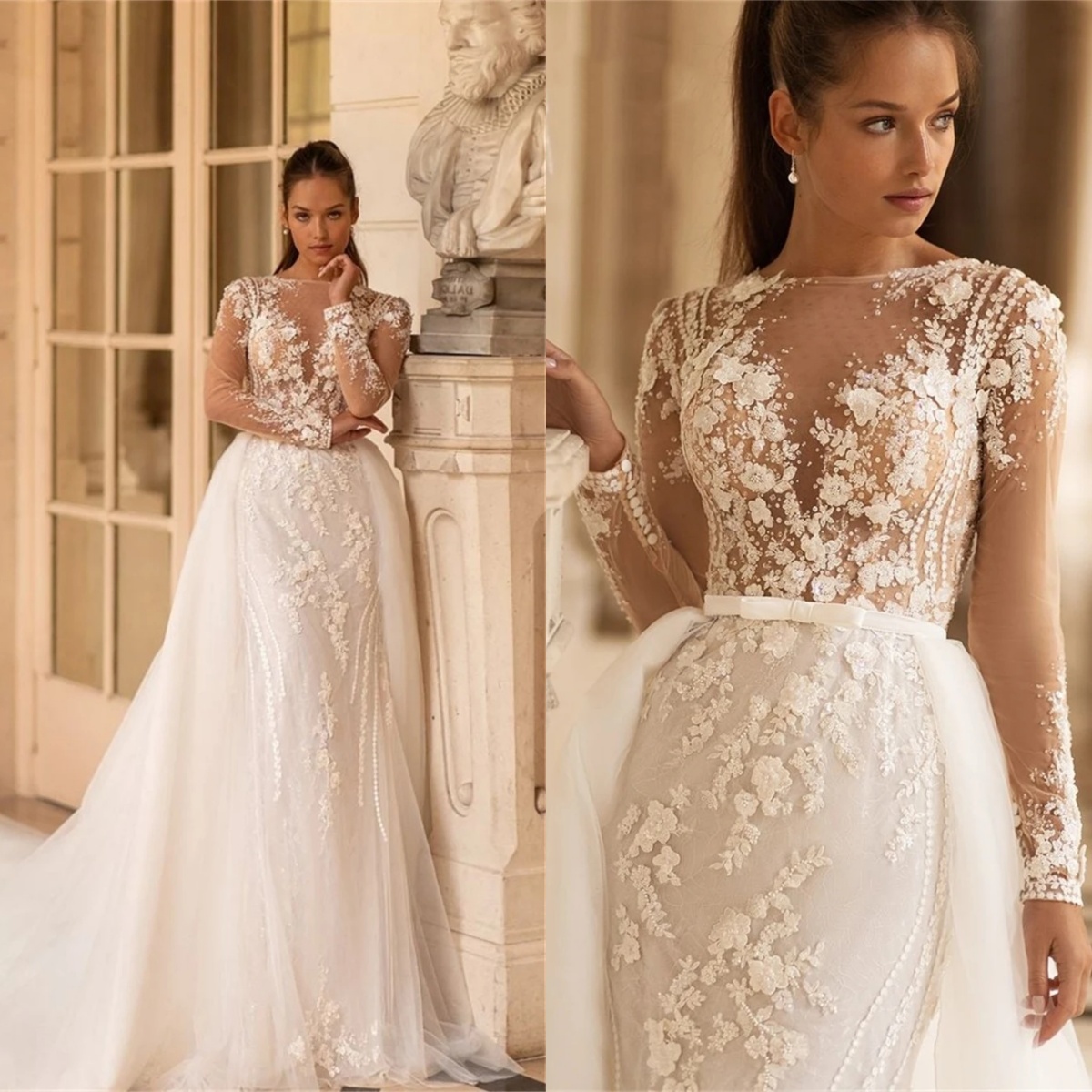 Mermaid Wedding Dress with Jewel Neck, Long Sleeves, Appliques & Detachable Train - Customized 2024