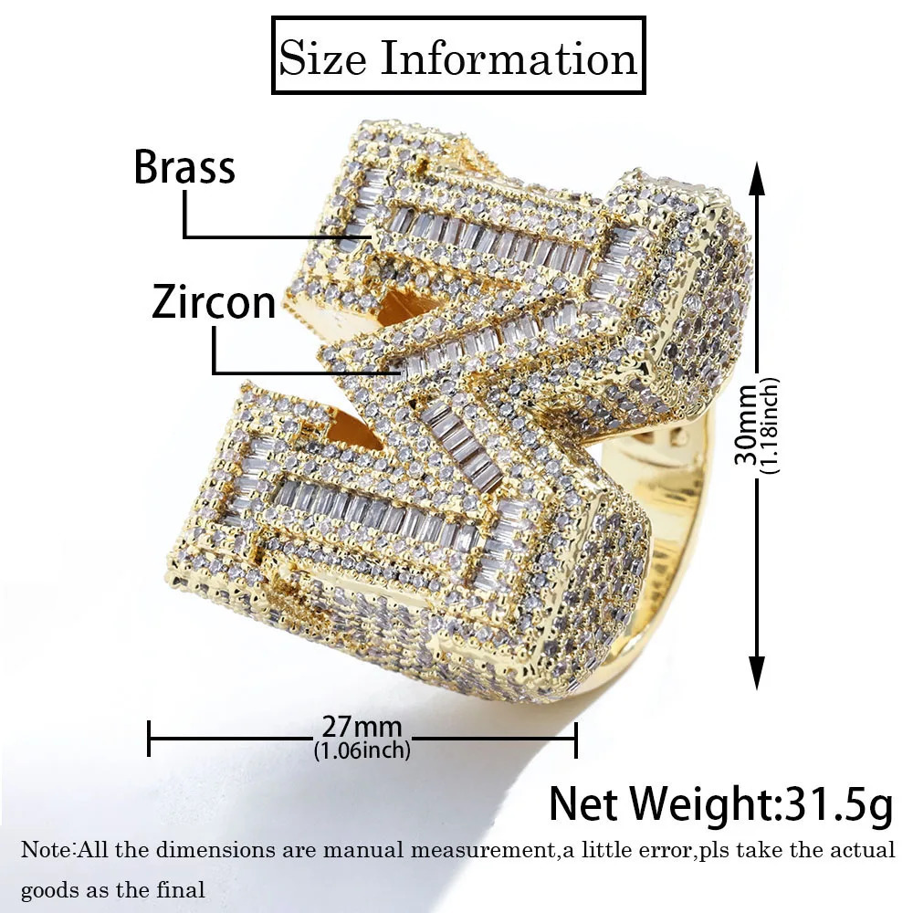 Quality Brilliant Rectangle Iced Out M Ring For Men Hip Hop Initial Letter Round Cut Diamond Unisex jewelry 250109
