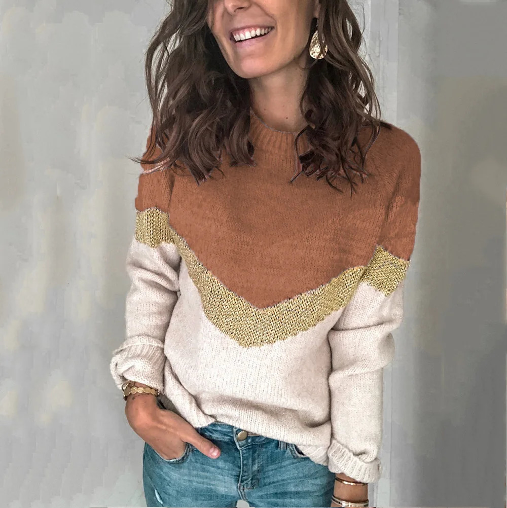 Color Blocked Patchwork Knit Sweater with Round Neck and Shoulder Sleeves for Women 250108