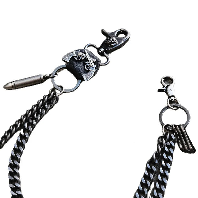 Double Gun Bullet Keychain Pendant Cowhide Metal Pants Chain Thick Double HipHop Punk Waist Chain Accessories Gifts Wholesale 250107