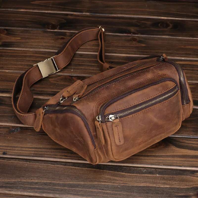 Genuine Leather Men's Chest Vintage Multi-Layered Functional Shoulder Bag