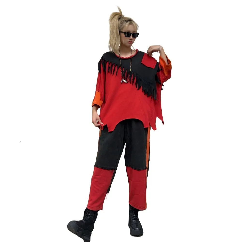 Personalized Contrasting Color Tassel n Suit Women Spring Autumn Loose Top Pant Two Piece Set ZF420 250106