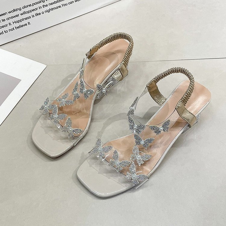 Women Slippers High Heel Sandals New Fashion Coarse Heel Design Butterfly Triple Black Beige Plus Size Free shipping