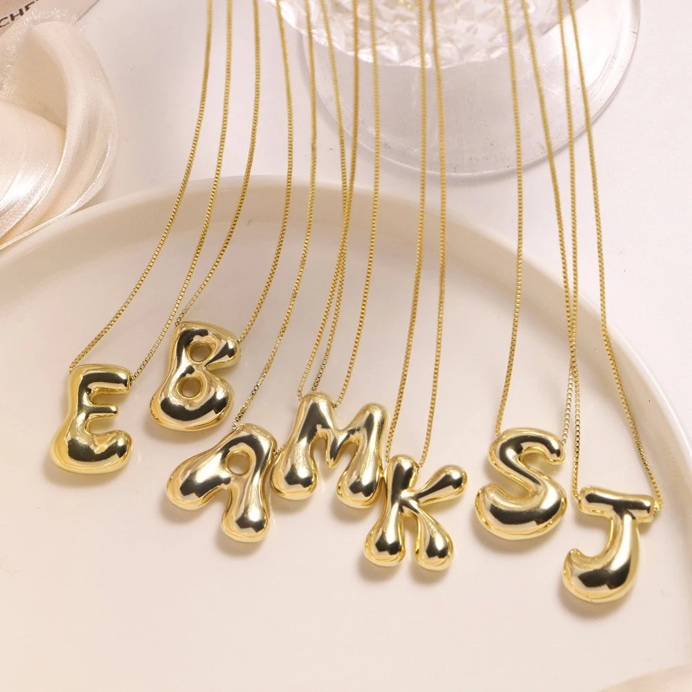 Golden Color Stainless Steel Initial Necklace for Women Girls Chunky Bubble Letter Pendant Necklaces Trendy Collar Jewelry Gift 250109