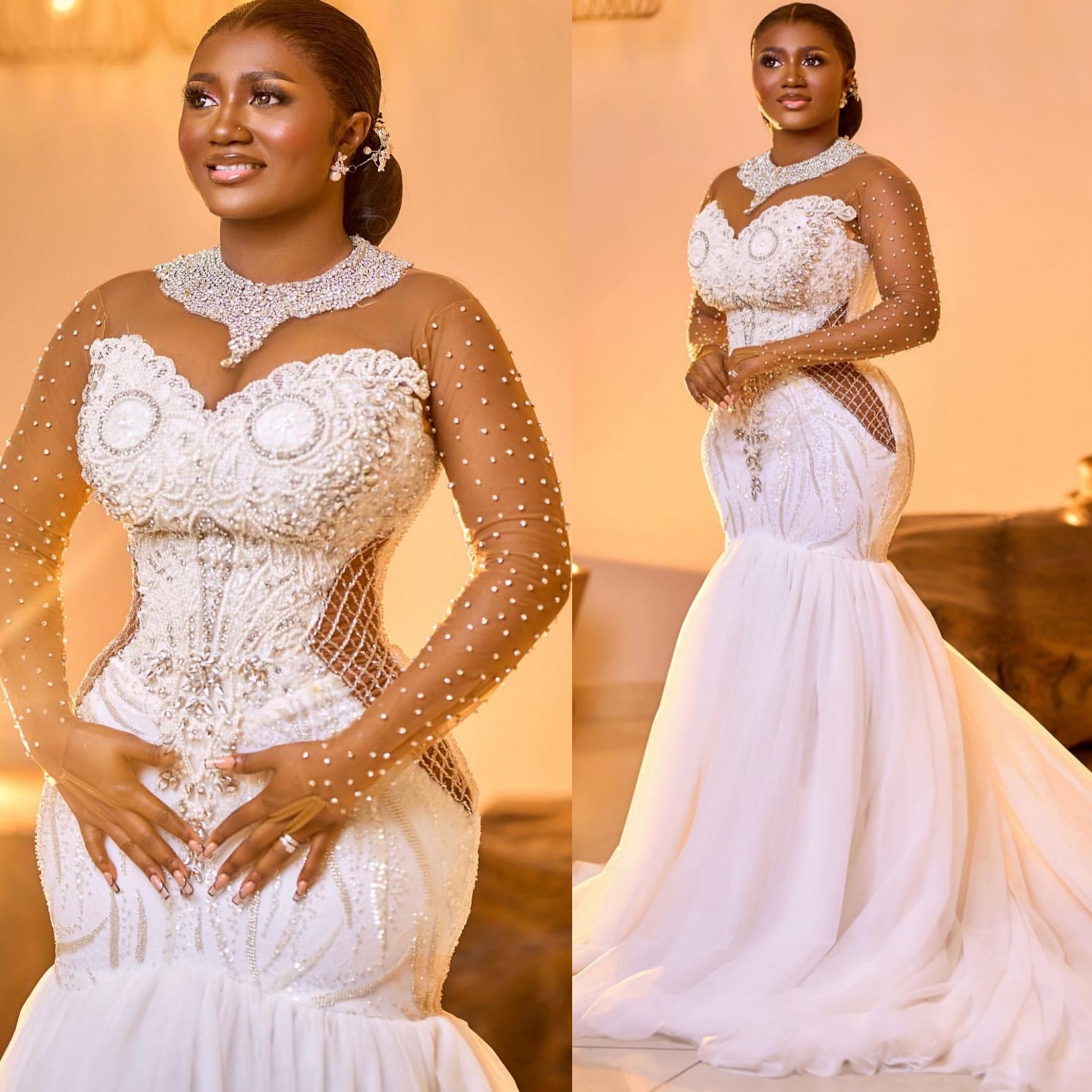 2025 Arabic Aso Ebi Plus Size Ivory Wedding Dresses Rhies Beaded Lace Full Sleeves Vintage Elegant Bridal Gowns Dress For Brides