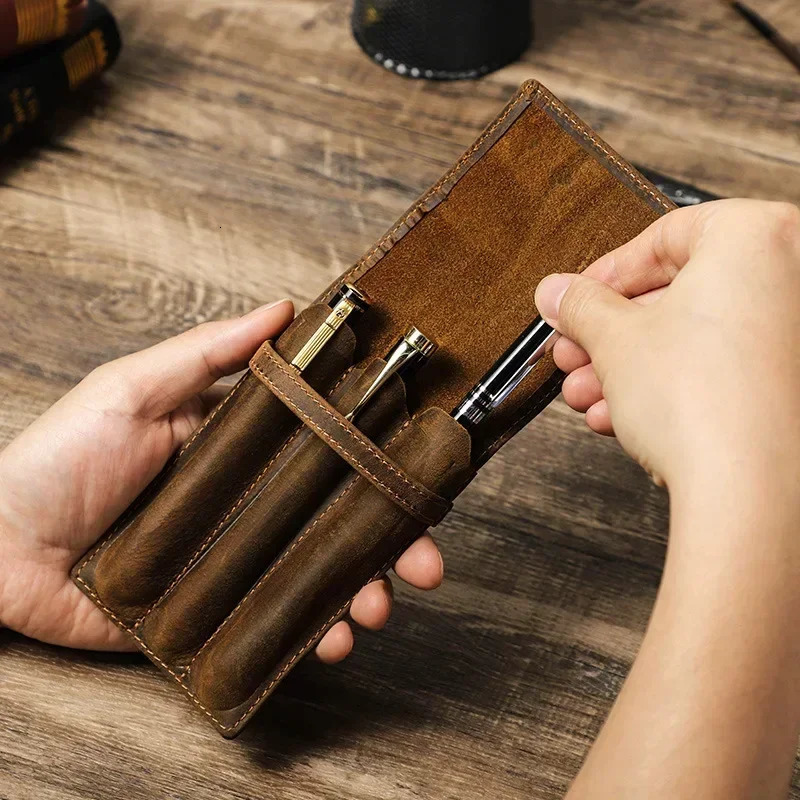 Handcrafted Fountain Pen Pencil Case Genuine Leather Pen Bag for 1-3 Pens Stationery Office School Supplies For JINHAO 250110