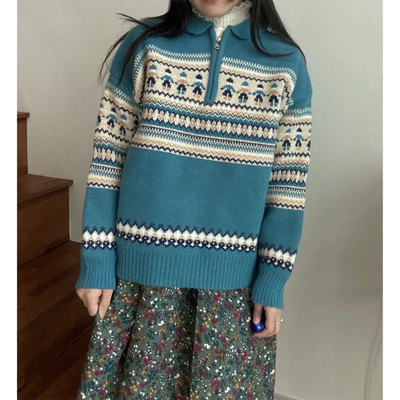 Vintage Print Sweater Women Christmas Red Knitted Pullovers Korean Half Zipper Long Sleeve Knitwear Fall Winter Casual Jumpers 250108