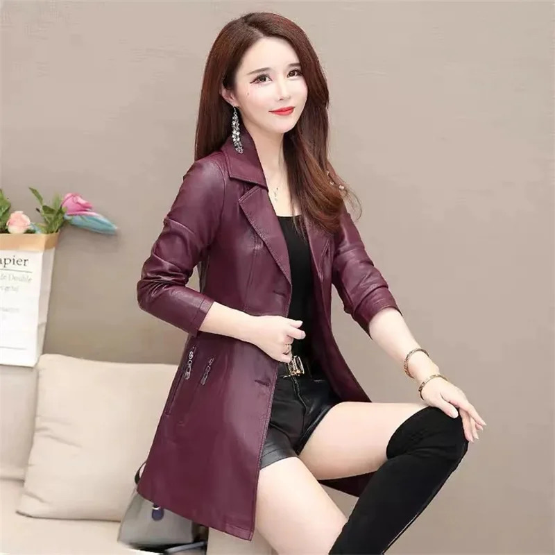 2024 AutumnWinter Haining Leather Coat Womens Mid length Korean Fit Thickened Windbreaker Trendy 250103