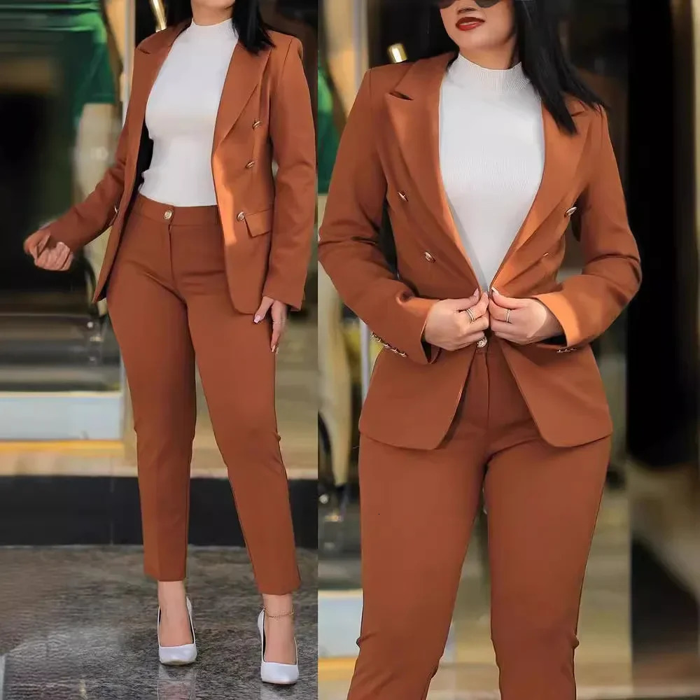 2pcs Women Office Clothing Set Long Sleeve Blazer Jacket High Waist Pencil Pants Solid Color 250106