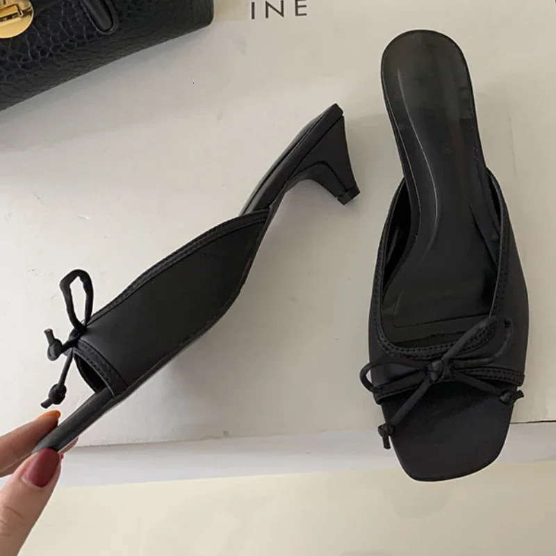 Fashion Kitten Heel Slippers for Women Satin Bow Concise Comfort Slides Female Summer New Low Heel Open Toe Mules Sandals Women 250109