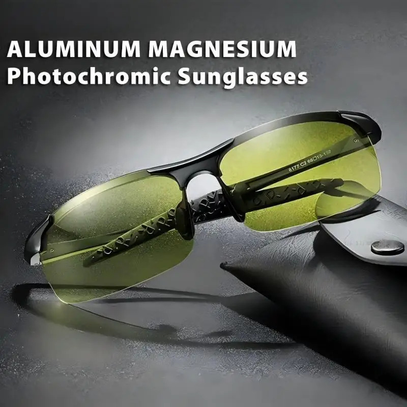 CLLOIO Rimless Aluminium Pochromic Day Night Vision Anti Glasses Men Polarized Sunglasses Driving Travel Fishing Goggle 241228