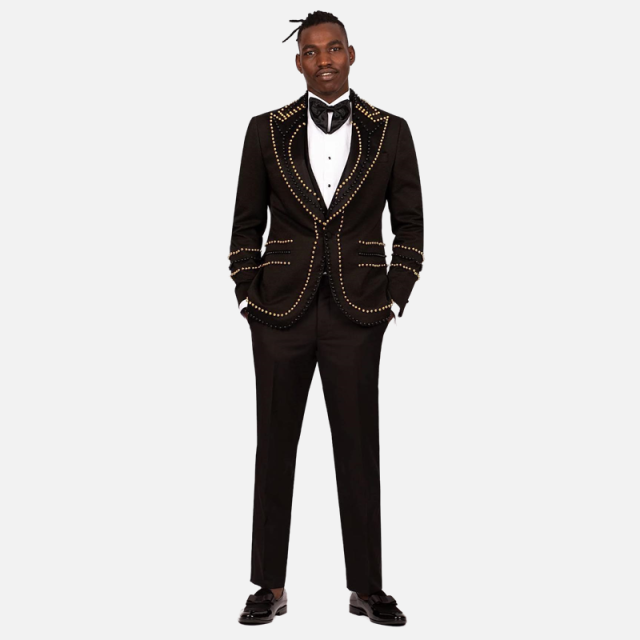 Modern Men Wedding Suits Pearls Peaked Lapel Beaded Groom Wear Tuxedos 2 Pieces Set Business Jacket One Button Evening Party Custom Made Blazer Pants