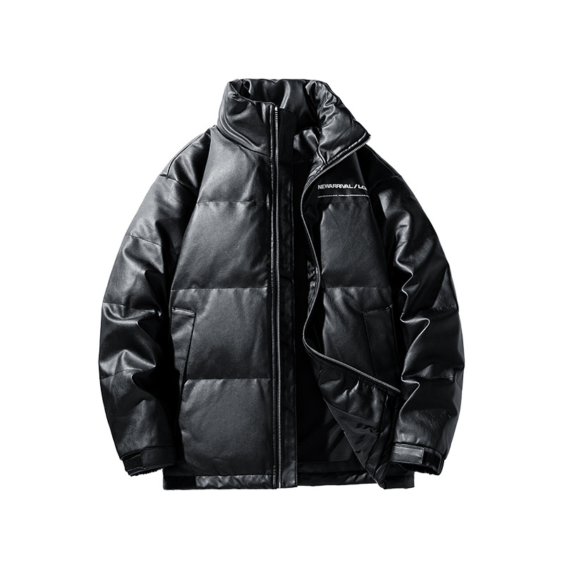 Men's Jackets Winter PU leather down jacket thick and warm white duck down leather jacket loose and versatile stand up collar casual and fashiona