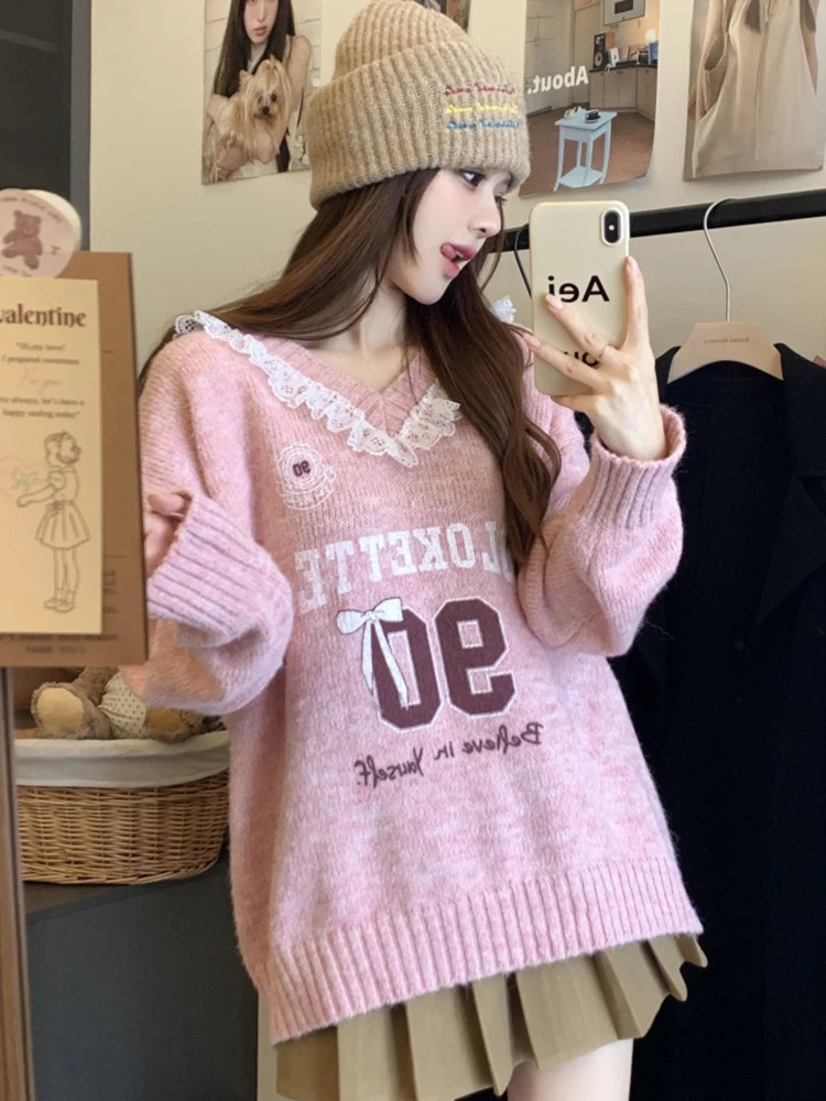 Zoki Lace Patchwork Sweet Sweaters Women Cute Letter Loose Knitted Pullovers Casual Long Sleeve Lazy Wind Elegant Retro Tops 250108