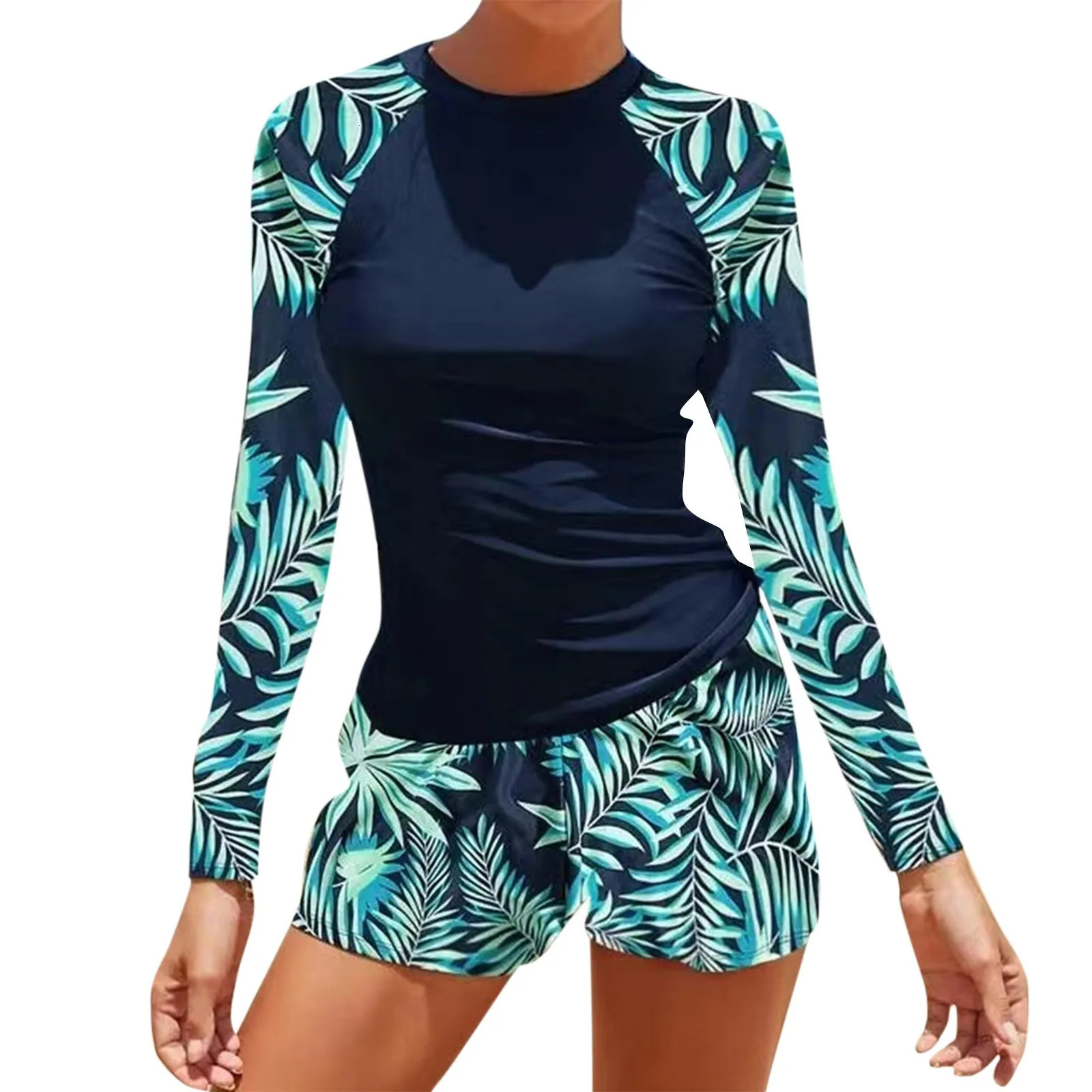 Long Sleeve Surfing Swimsuit Print Swimwear Women Two Pieces Diving Clothes Beachwear Bathing Swimming Swim Suit 250108