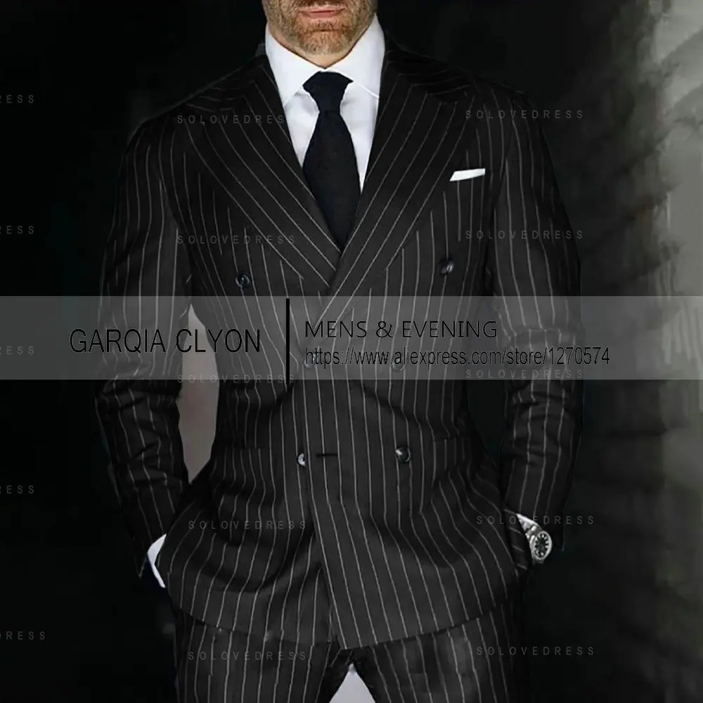 Grey Striped Mens Suits Double Breasted For Wedding Custom Made Man Costume Groom 2Pieces Tuxedos Blazer Pants 250102