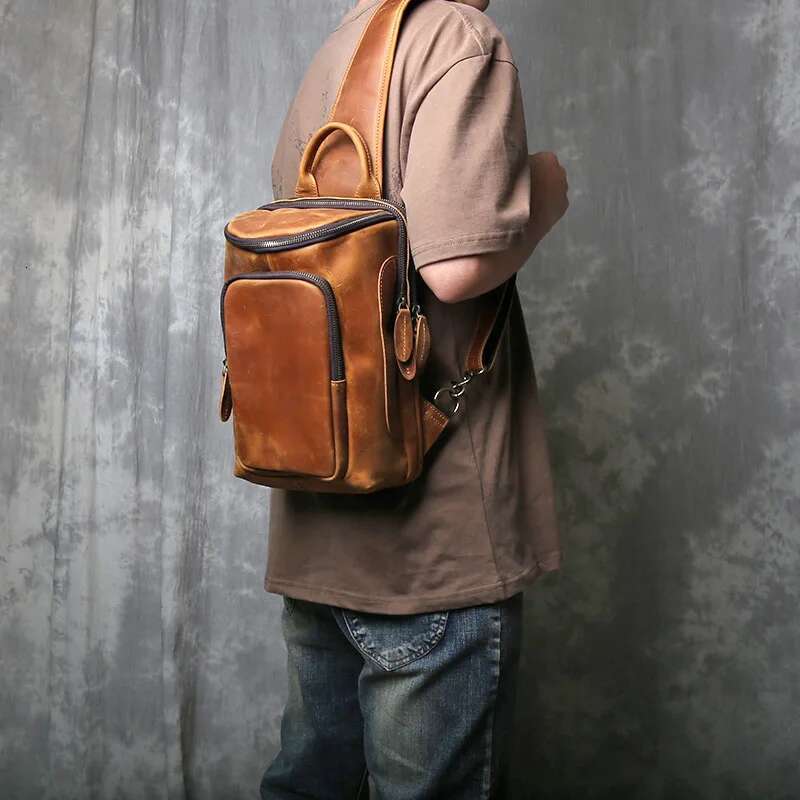 Retro Crazy Horse Skin Men's Chest Headband Layer Cowhide Casual Large Capacity Multi Functional Versatile Trendy Crossbody Bag