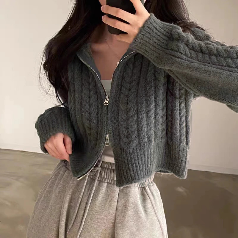 Twists Knit Short Coat Long Sleeve Zipper Sweater Casual Women Cardigan Vintage Winter Korean Chic Elegant Lady Trend Top 250108