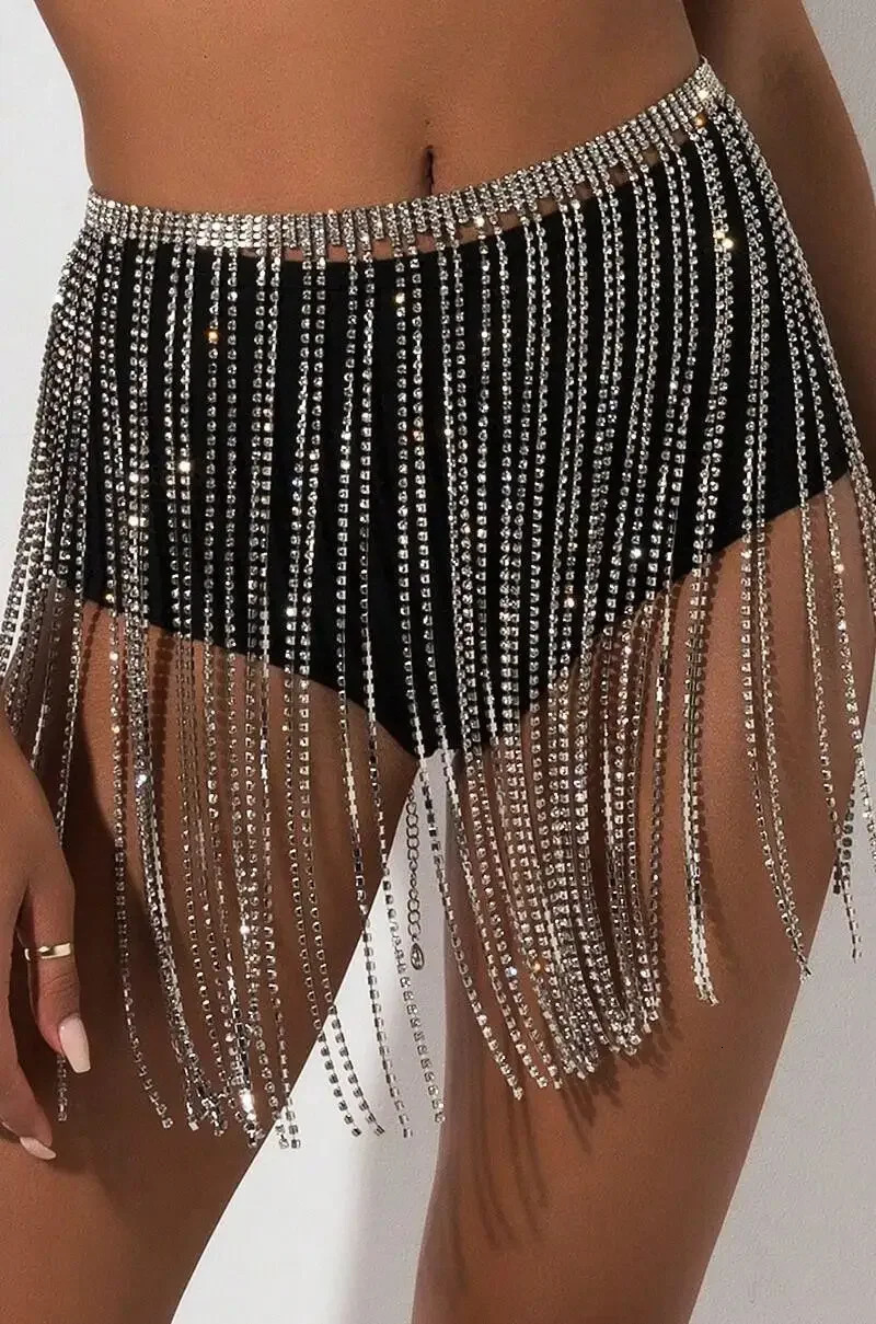 Party Silver Long Full Rhinestone Decor Tassel Waist Chain belt 250107