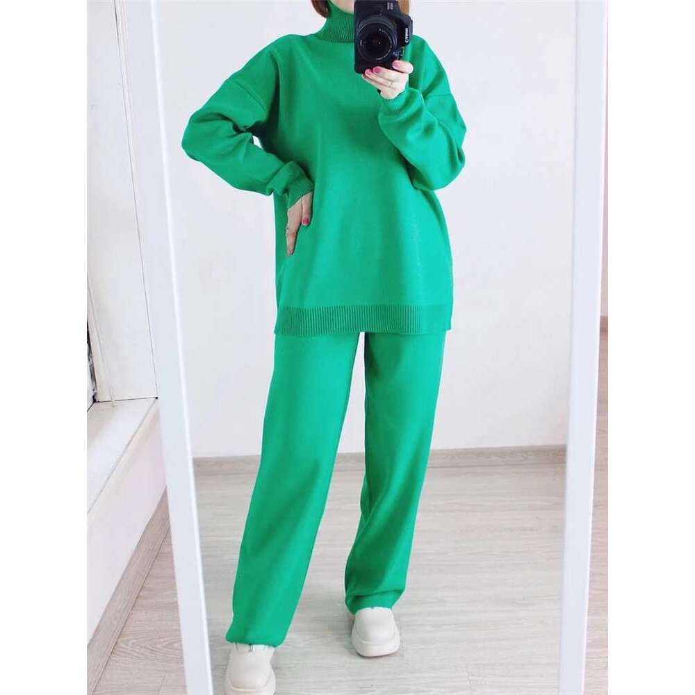 Women's Wear Autumn Winter 2 Pieces Women Sets Knitted Tracuit Turtleneck Sweater And Straight Jogging Pants Suits